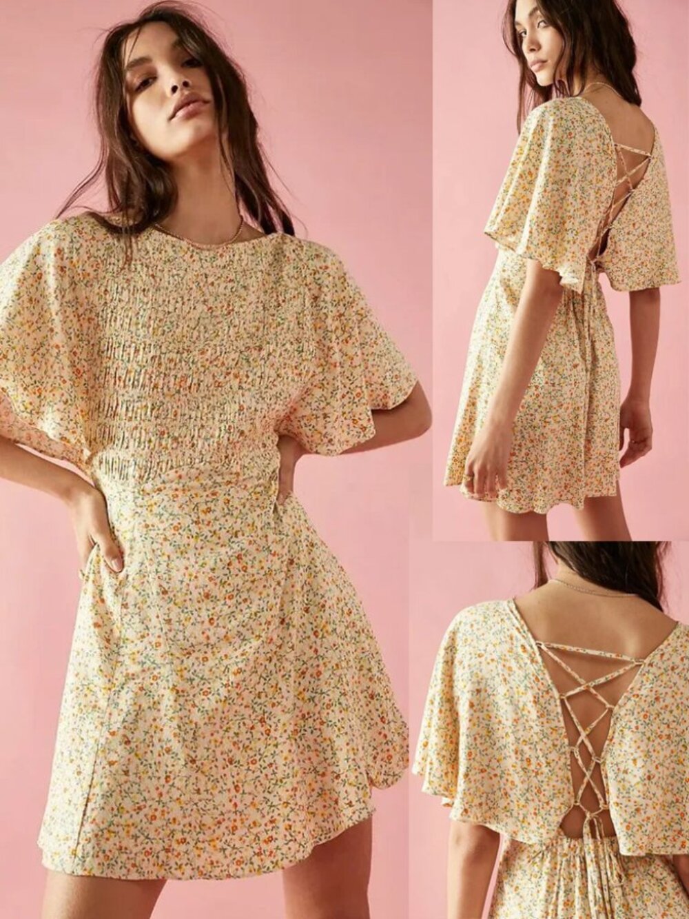 Free People Florence Mini Dress L Floral Lace Up Smocked Evening Yellow $128